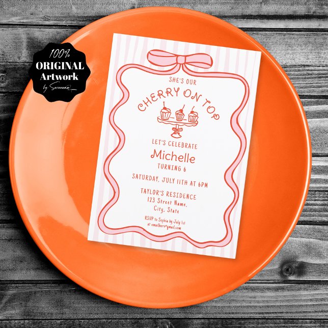 Hand gezeichnet rosa Bow Cherry auf Top Girl Gebur Einladung (red and pink bow ribbon, doodle with cupcakes with cherry on top)