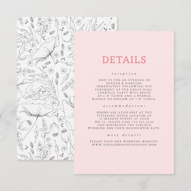 Hand gezeichnet Wildblumen Muster Hochzeitsdetails Begleitkarte (Vorne/Hinten)