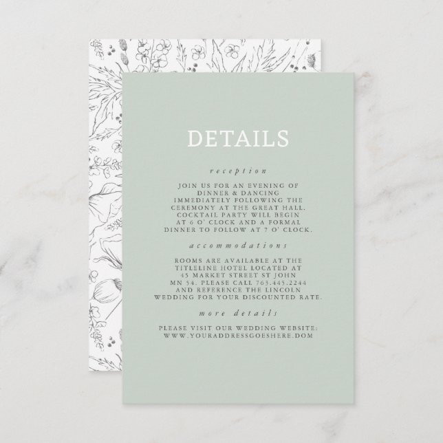 Hand gezeichnet Wildblumen Muster Hochzeitsdetails Begleitkarte (Vorne/Hinten)
