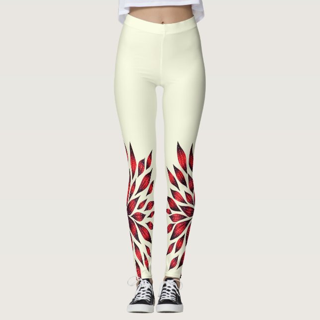 Hand gezeichnete abstrakte rote Gekritzel-Blume Leggings (Vorderseite)