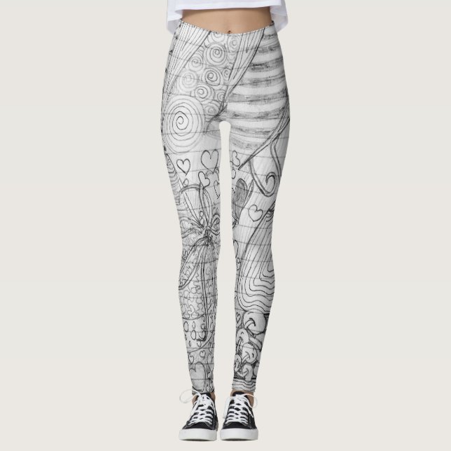 Hand gezeichnete Bleistift-Gekritzel-Kunst auf Leggings (Vorderseite)