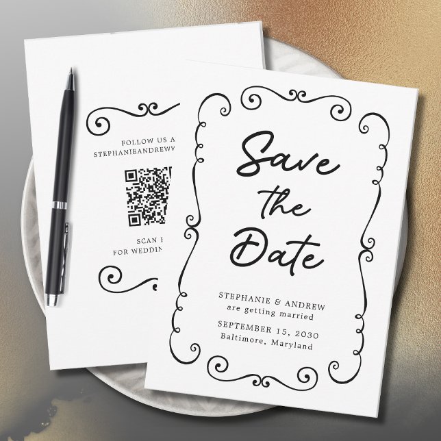 Hand gezeichnete Doodle-Grenze Hochzeit Sichern Si Einladung (Hand Drawn Doodle Border QR Code Wedding Save the Date Invitation)