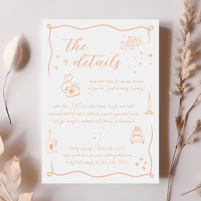 Hand gezeichnete Doodle Peach Wedding Details Card Einladung (Von Creator hochgeladen)