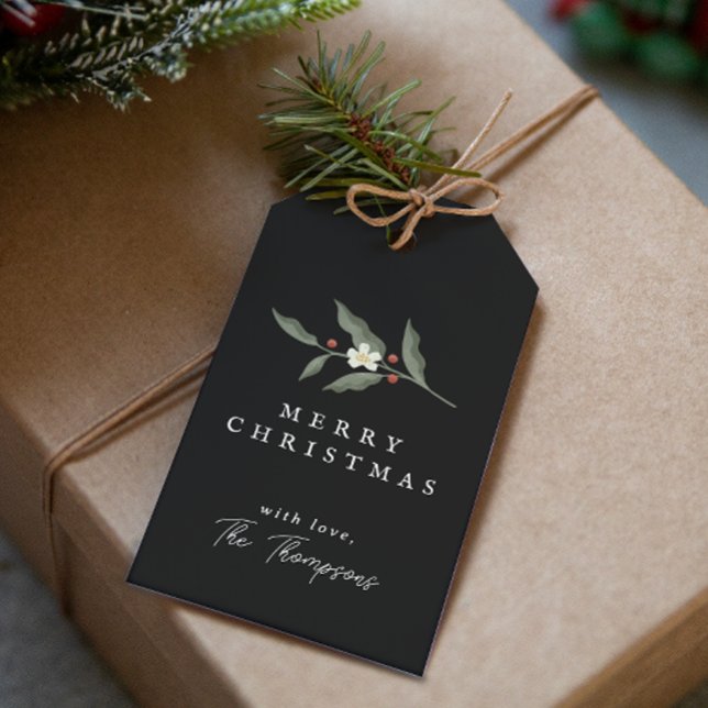 Hand gezeichnete florale Schwarze Weihnachtsgesche Geschenkanhänger (Hand Drawn Floral Black Christmas Gift Tag)