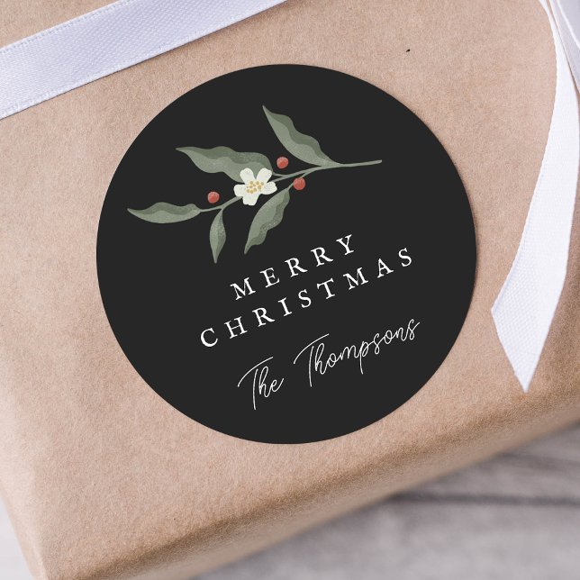 Hand gezeichnete florale Schwarze Weihnachtsgesche Runder Aufkleber (Hand Drawn Floral Black Christmas Gift Tag)