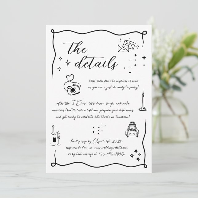 Hand gezeichnete Fun Doodle Wedding Details Card Einladung (Stehend Vorderseite)