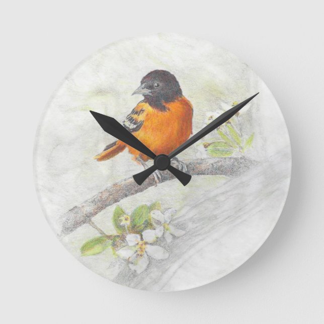 Hand gezeichnete Oriole-Vogel-Illustration Runde Wanduhr (Vorderseite)