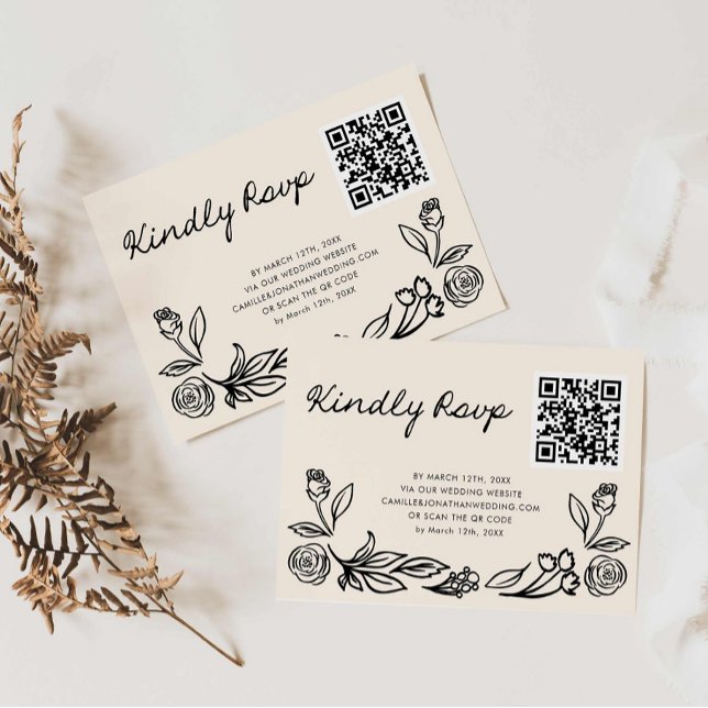 Hand gezeichnete QR-UAWG-Hochzeitkarte RSVP Karte (Minimal Floral Wedding QR Code RSVP Card)