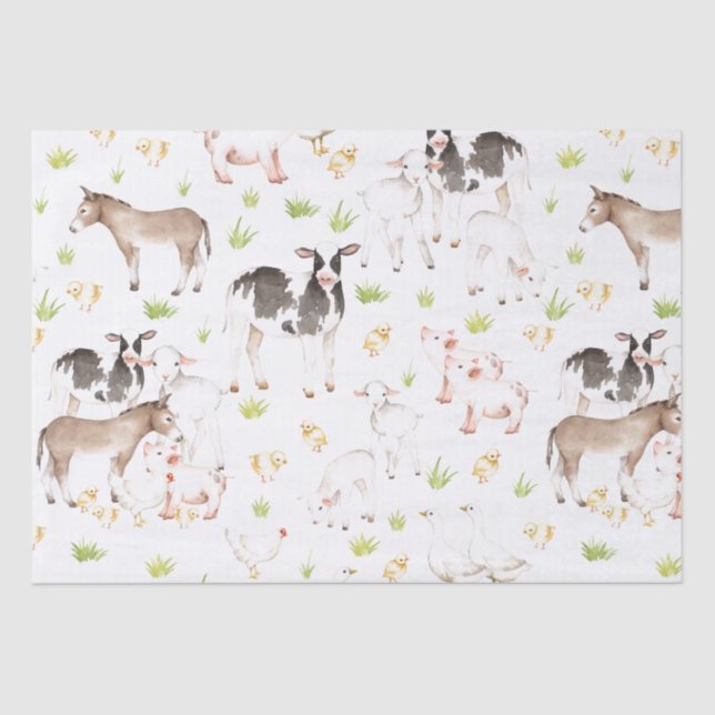 Hand gezeichnete Watercolortiere auf dem Bauernhof Seidenpapier (Vorderseite)