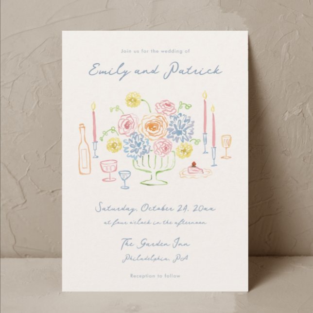 Hand gezeichnete Whimsical Funky French Pastel Wed Einladung (Von Creator hochgeladen)