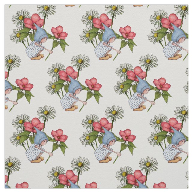 Hand gezeichnetes Gnome-Mädchen mit Blumen, Stoff (Muster)