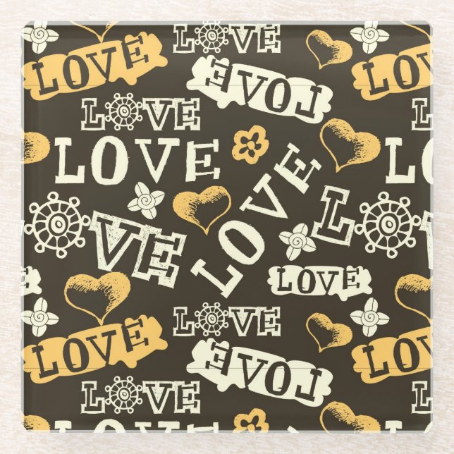 Hand gezeichnetes Liebe-Muster Glasuntersetzer (Vorderseite)