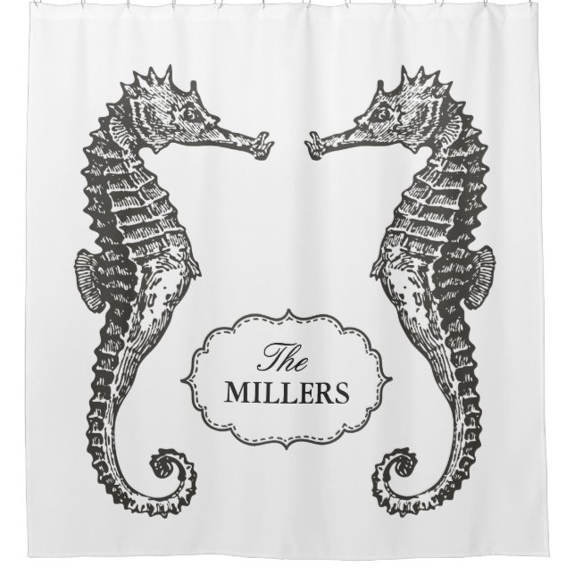 Hand gezeichnetes Seepferd mit Vintagem Duschvorhang (Vorderseite)