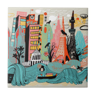 Hand gezeichnetes Tokyo Japan Fliese