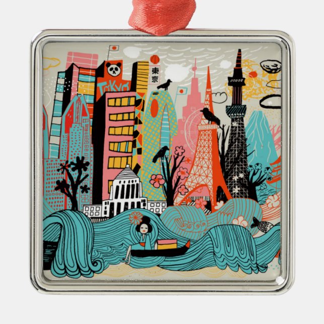 Hand gezeichnetes Tokyo Japan Ornament Aus Metall (Vorne)