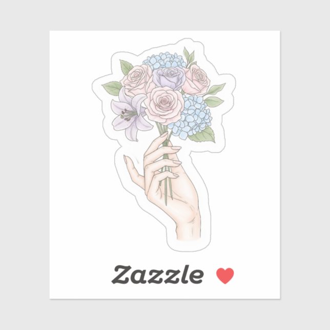 Hand hält retro Sticker mit Blumenstrauß in Pastel (Blatt)