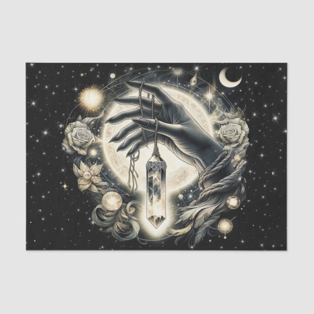 Hand halten eines Kristalls unter dem Mondlicht Seidenpapier (Vorderseite)