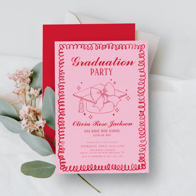Hand-Hand-Drawn-Graduierungspartei in Rosa und Rot Einladung (Von Creator hochgeladen)