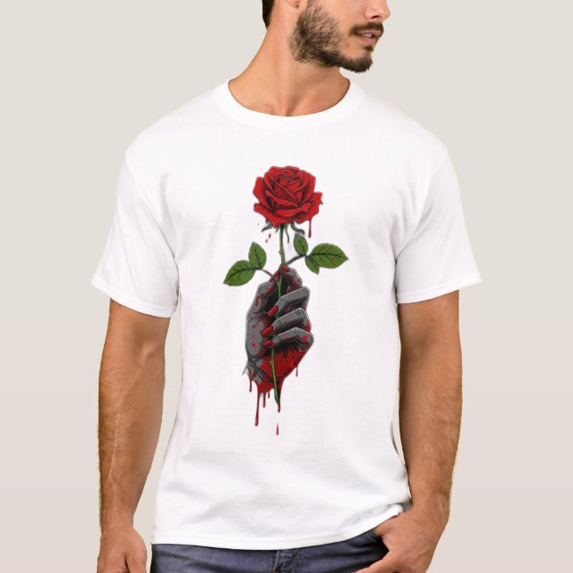 Hand Holding a Thorny Rose with Blood Illustration T-Shirt (Vorderseite)