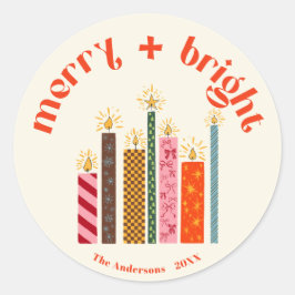 Hand-Illustrated Merry + Bright Christmas Sticke Runder Aufkleber