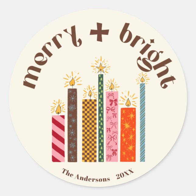 Hand-Illustrated Merry + Bright Christmas Sticker (Vorderseite)