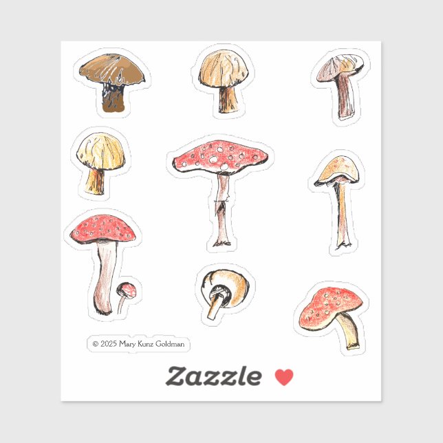 Hand-Illustrated Mushrooms Whimsical Woodland Aufkleber (Blatt)