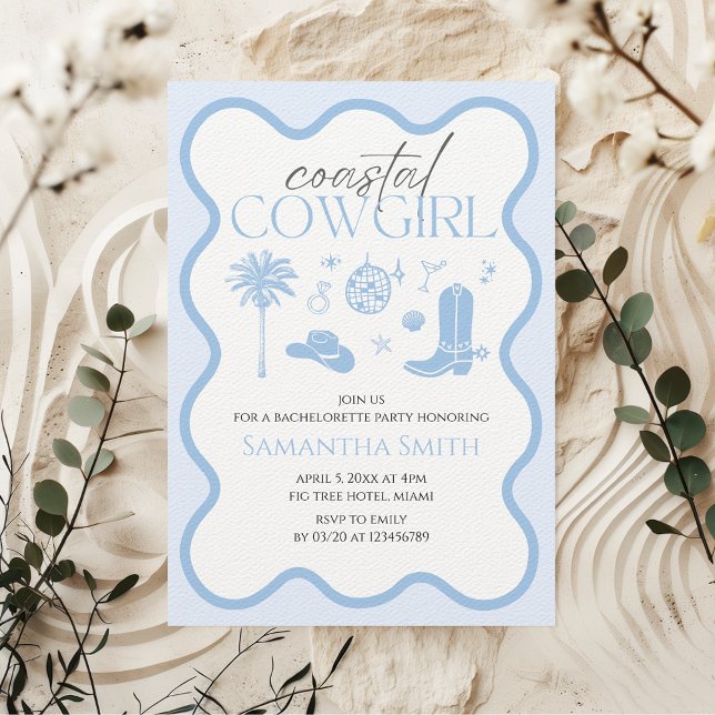 Hand Illustriert Cowgirl Blue Bachelorette Einladung (Coastal Cowgirl Bachelorette Party Invitation)