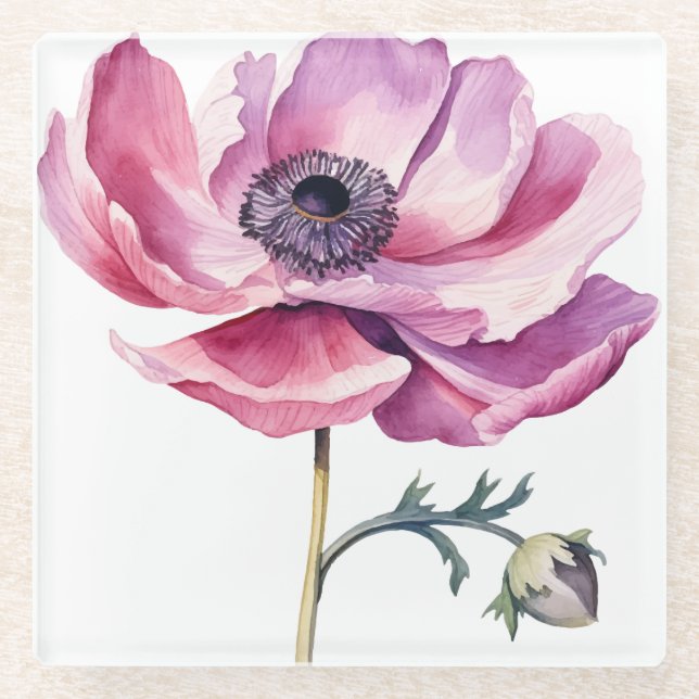 Hand illustriert Pink Peony Glasuntersetzer (Vorderseite)