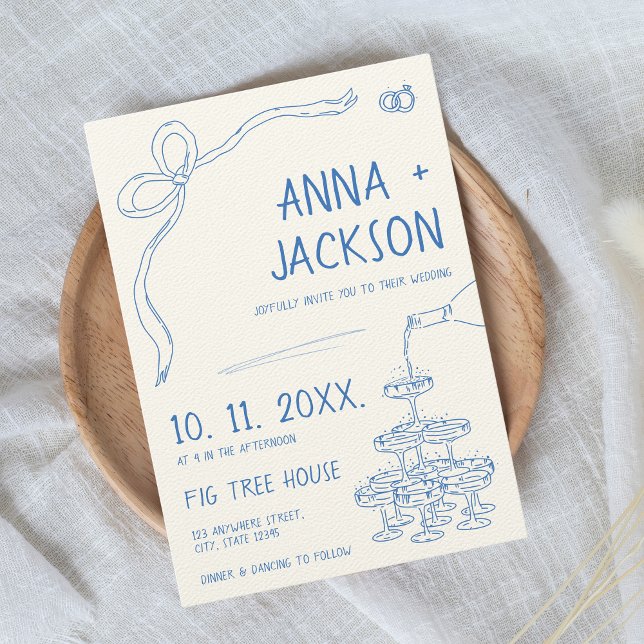 Hand Illustrierte Vintage Blue Wedding Einladung (Vintage French Hand-illustrated wedding invitation with blue tones)