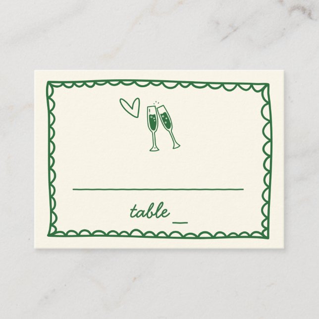 Hand Illustrierte Vintage Grüne Hochzeit Platzkarte (Vorderseite)