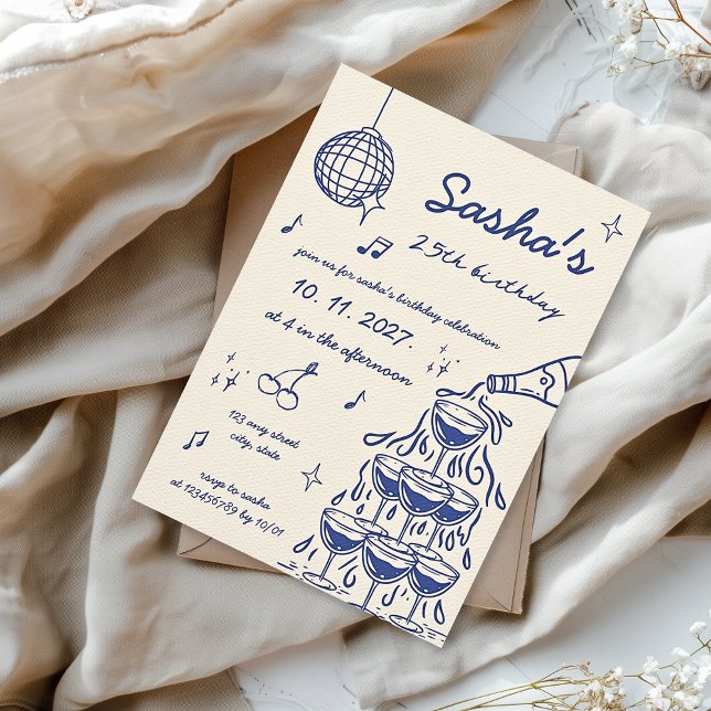 Hand-illustrierter Champagner Tower Birthday Blue Einladung (Blue hand illustrated champagne tower birthday invitation)