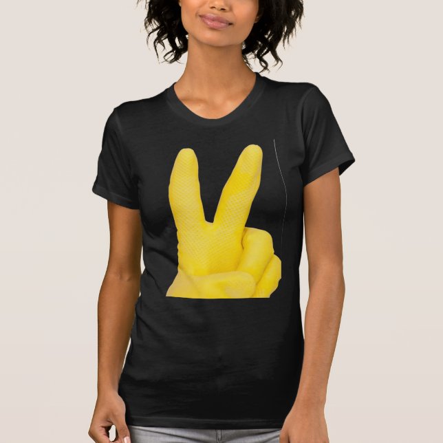 Hand in gelbem Latex Handschuh T-Shirt (Vorderseite)