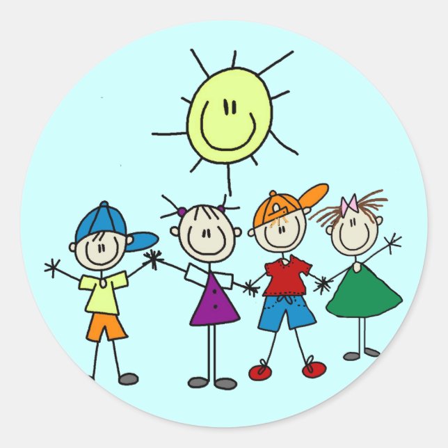 Hand in Hand Strichmännchen Kinderhemden und Gesch Runder Aufkleber (Vorderseite)