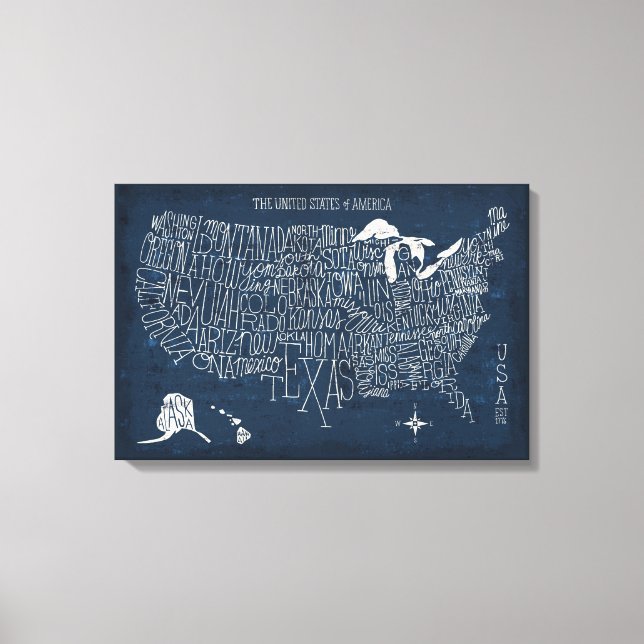 Hand Letted Blue USA Map Leinwanddruck (Vorderseite)