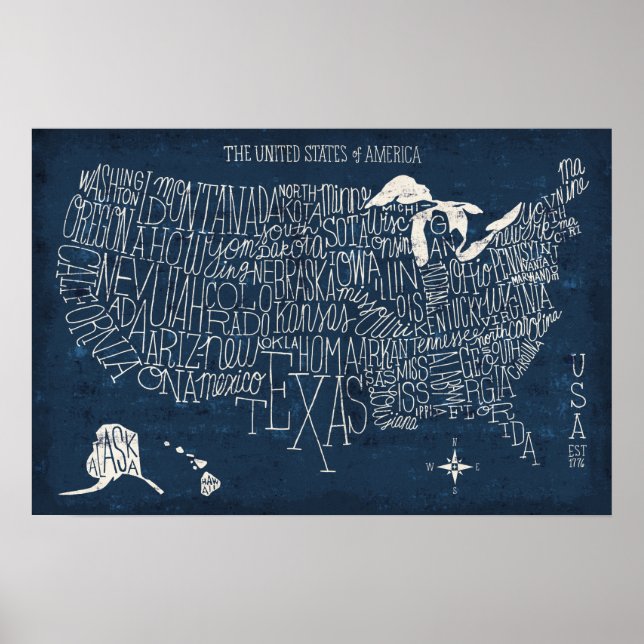 Hand Letted Blue USA Map Poster (Vorne)