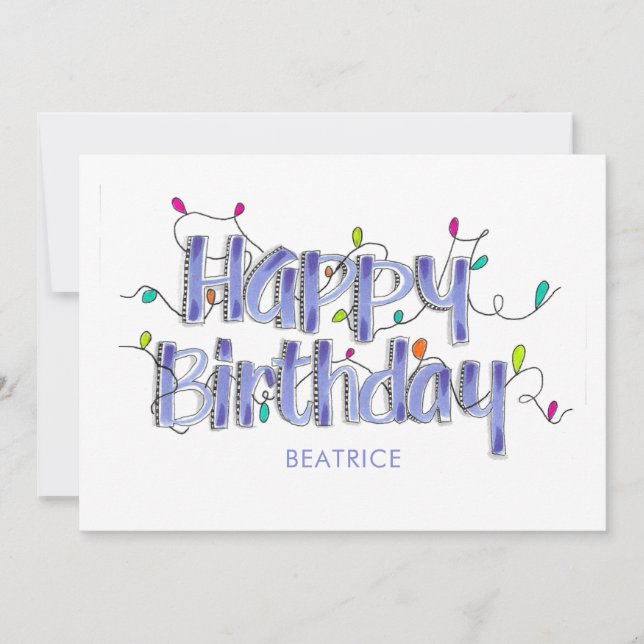 Hand Letted Dusty Blue Happy Birthday Flat Card (Vorderseite)