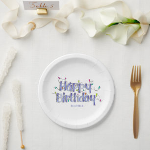 Hand Letted Dusty Blue Happy Birthday Pappteller