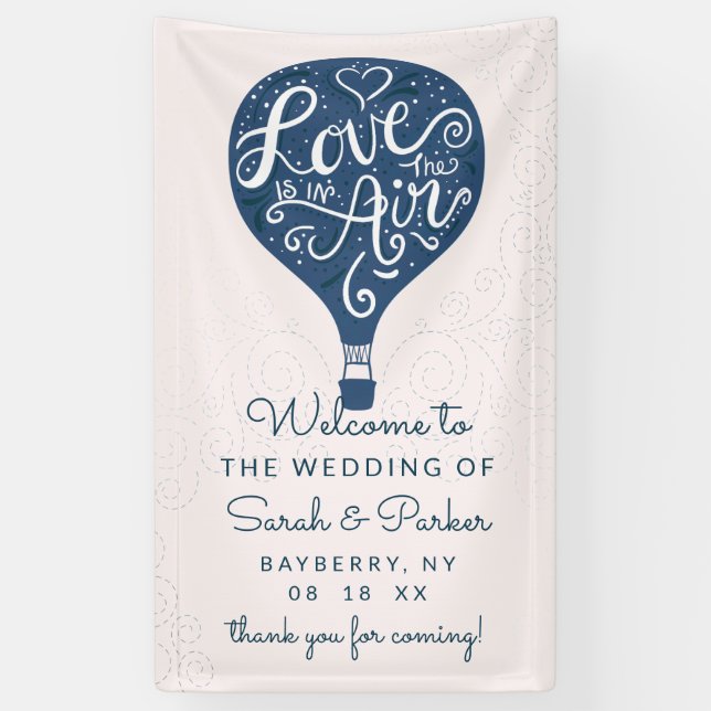 Hand Letter Navy Heißluftballon Hochzeit Willkomme Banner (Vertikal)