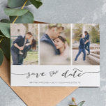 Hand Lettered 3 Image |  Save the Date Card<br><div class="desc">Pick the best pictures from your engagement shoot or your favorite pictures of the two of you for this perfect save the date. The words save the date are handwritten to give a personal feel to the card. The front has 3 images and the back has a large image with...</div>