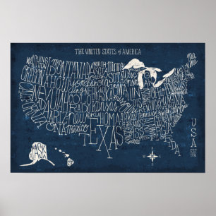 Hand Lettered Blue USA Map Poster