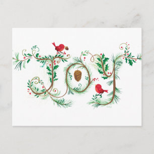 Hand lettered Joy Christmas Red Bird Postcard Feiertagspostkarte