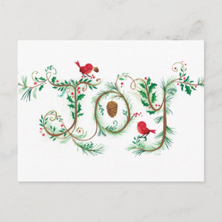 Hand lettered Joy Christmas Red Bird Postcard Feiertagspostkarte