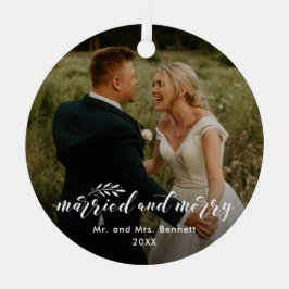 Hand Lettered Married and Merry Foto Christmas Ornament Aus Metall