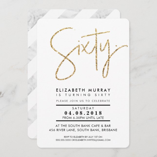 HAND LETTERED simple gold Glitzer sechzig. Einladung (Vorne/Hinten)