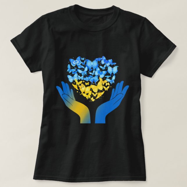Hand-Liebe-Schmetterling Ukrainische Fahne zum Abb T-Shirt (Design vorne)