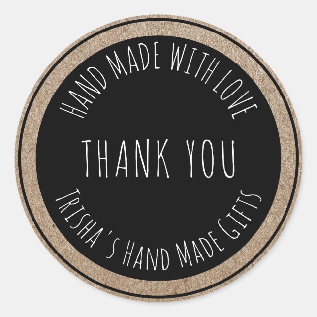 Hand Made mit Liebe Danke Kraft Black Runder Aufkleber (Vorderseite)