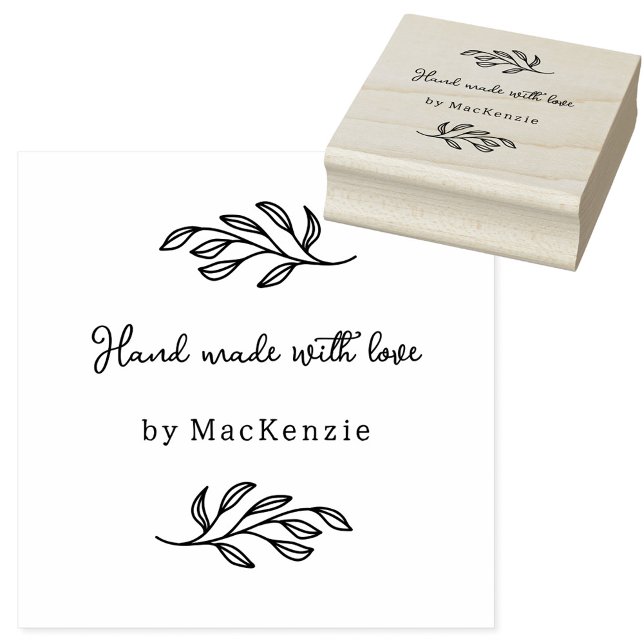 Hand Made With Love Botanical Line Art Custom Name Gummistempel (Hand Made with Love custom name botanical leaf line art small business maker rubber stamp)