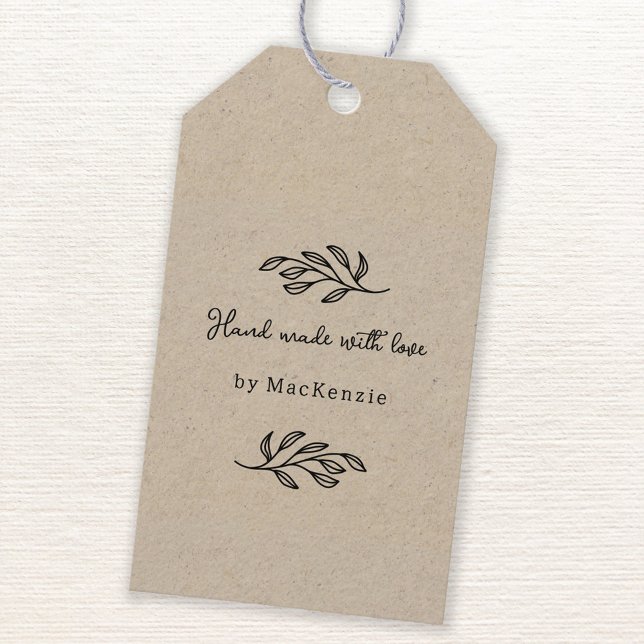 Hand Made With Love Brown Paper Botanical Leaf  Geschenkanhänger (Hand Made with Love custom name botanical leaf line art small business maker price or product tag)