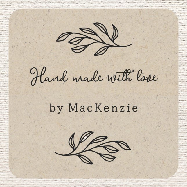 Hand Made With Love Brown Paper Botanical Leaf  Quadratischer Aufkleber (Personalized hand made with love botanical leaf line art stickers for small business makers)