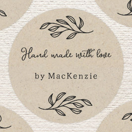 Hand Made With Love Brown Paper Botanical Leaf Runder Aufkleber
